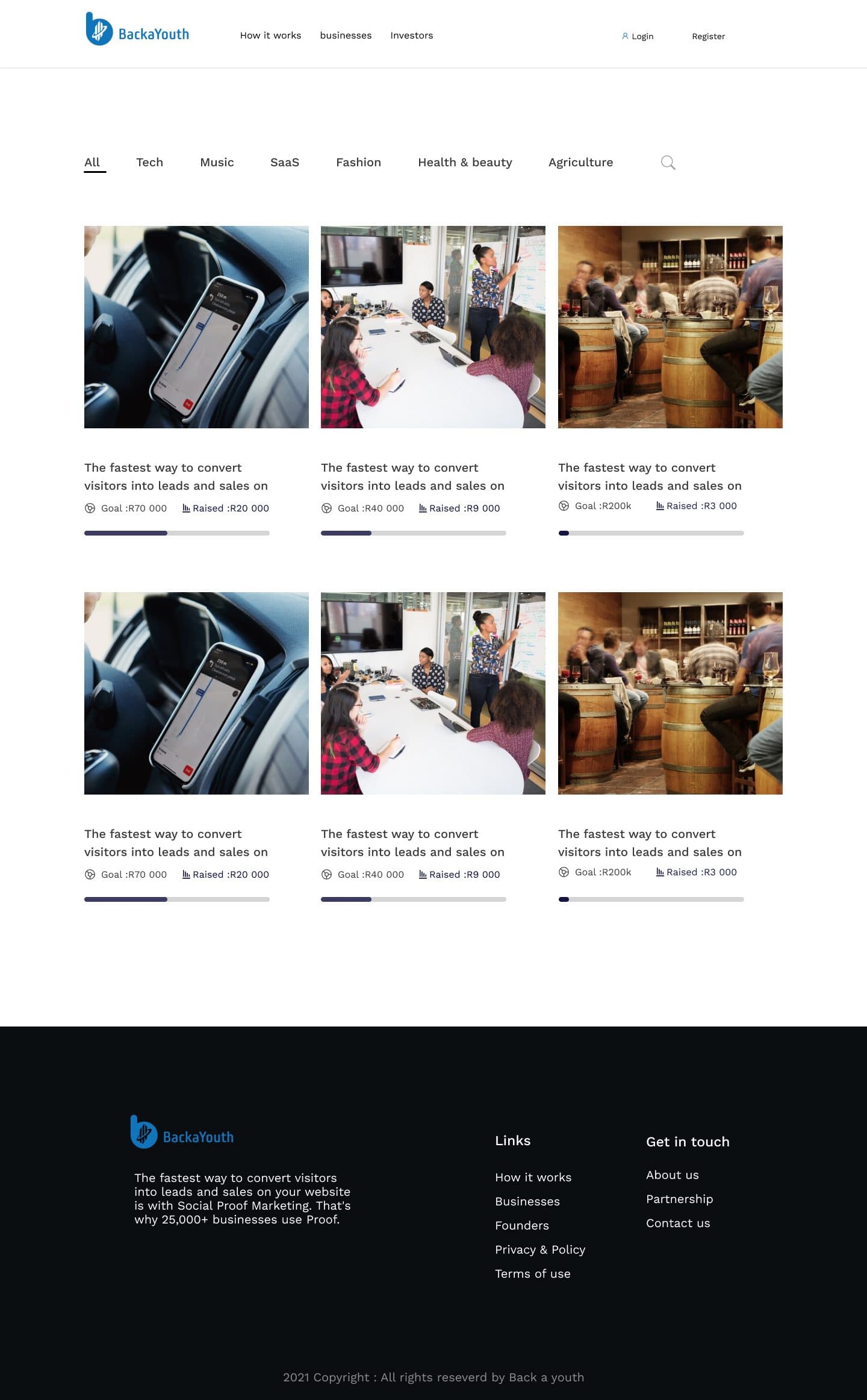 Campaigns page with industry filters and funding progress