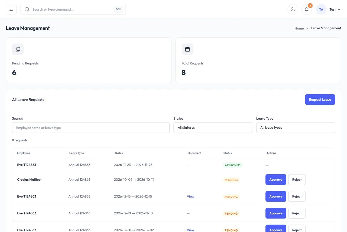 Leave management with pending and approved requests