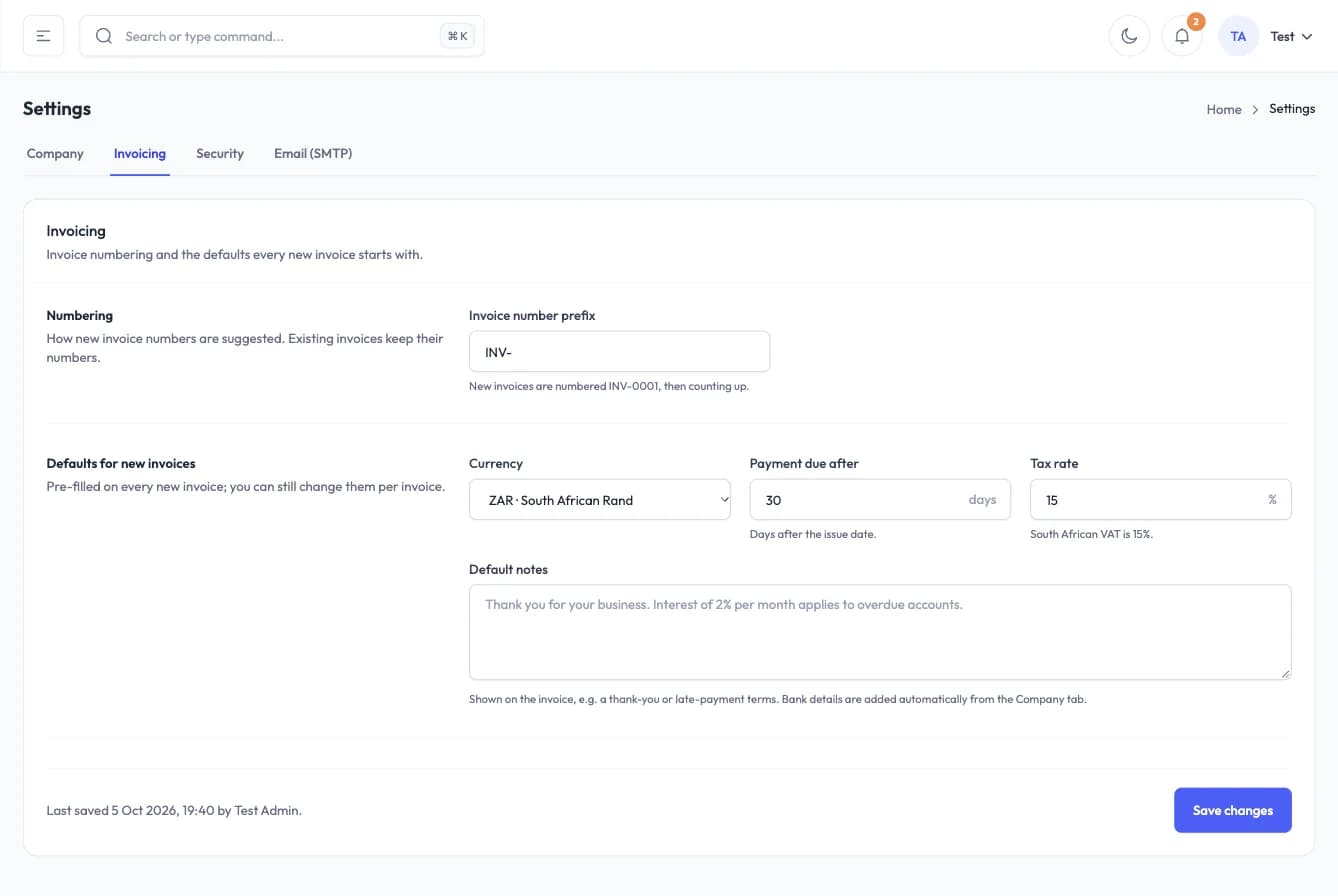Invoicing settings with ZAR, VAT and numbering defaults