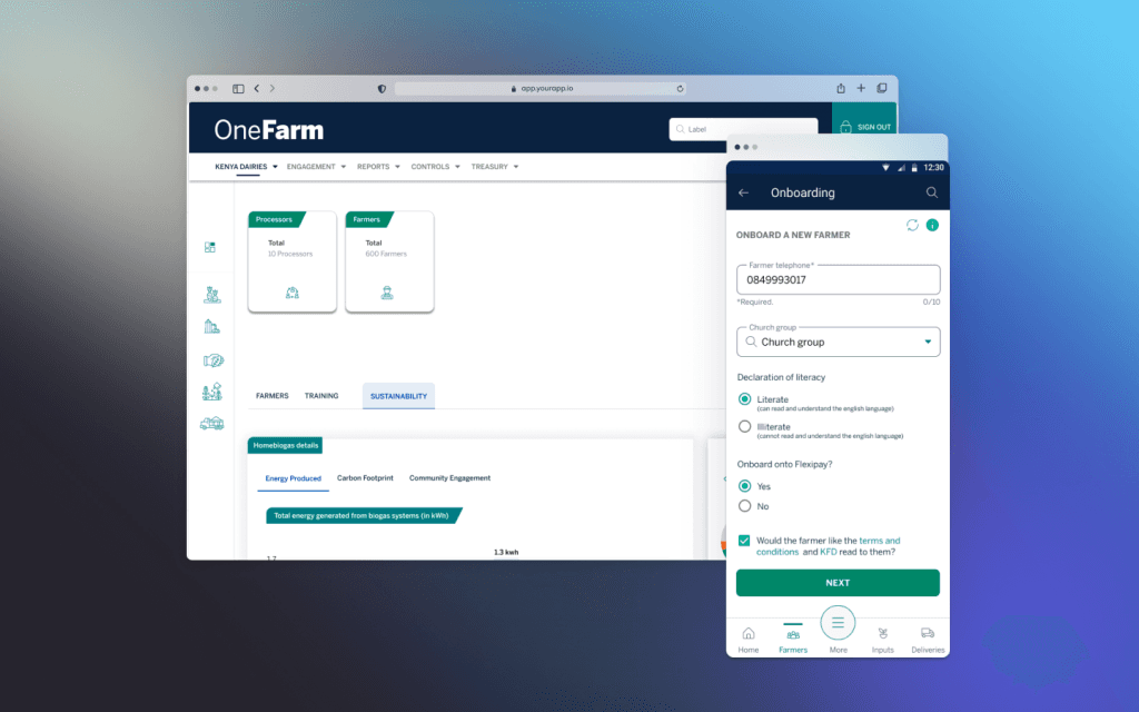 OneFarm farmer onboarding screen with a literacy question and an option to have the terms read out